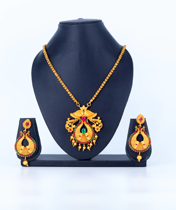 Grand Antique Gold Peacock Temple Necklace Set for Women | Traditional South Indian Bridal Jewellery with Red-Green Stones & Dangling Beads | Festive & Wedding Wear Necklace with Matching Earrings
