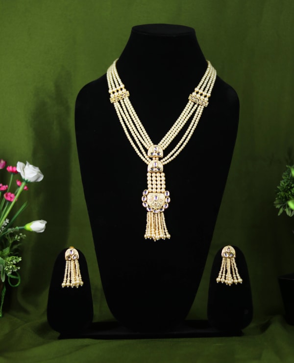 Royal Multi-Layer Pearl Kundan Necklace Set for Women | Traditional Long Rani Haar with Antique Pendant & Matching Earrings | Perfect for Weddings & Festive Occasions