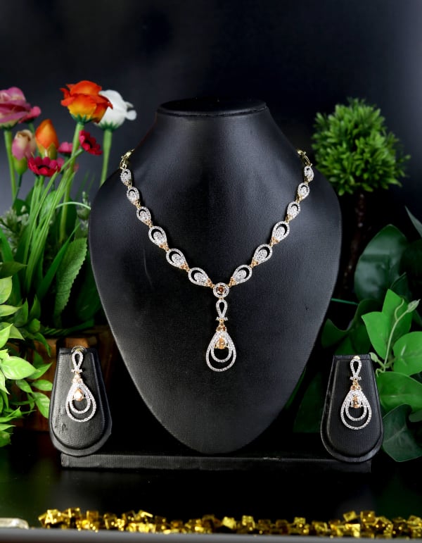 Elegant American Diamond Necklace Set for Women | Double-Tone CZ Tear-Drop Pendant Bridal Jewellery with Matching Earrings | Premium Party & Wedding Wear Jewellery