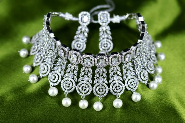Premium Silver-Plated Diamond-Cut Choker Necklace Set with Pearl Drops | Bridal & Party Wear AD Stone Jewellery for Women | Elegant Crystal Choker with Matching Earrings
