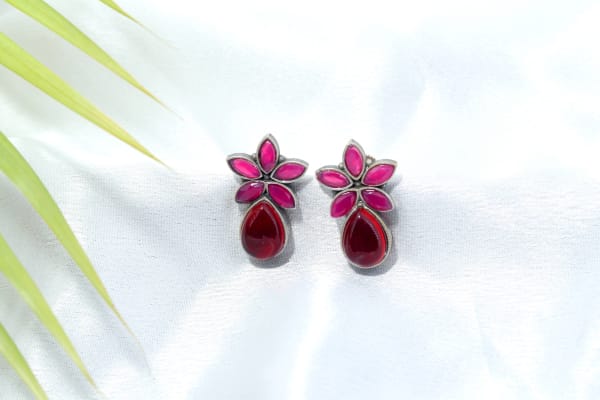 Elegant Pink Floral Stone Earrings for Women | Oxidised Silver Finish | Stylish Teardrop Pink Earrings for Party, Daily Wear & Gifting