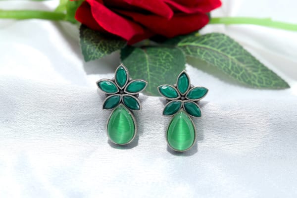 Elegant Green Floral Stone Earrings for Women | Oxidised Silver Finish | Stylish Light Green Teardrop Earrings for Daily Wear, Party Wear & Special Occasions