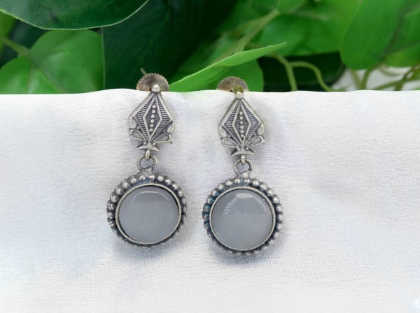 Antique Oxidised Silver Grey Stone Earrings for Women | Vintage Round Drop Earrings | Ethnic Oxidised Daily Wear & Party Wear Jewellery