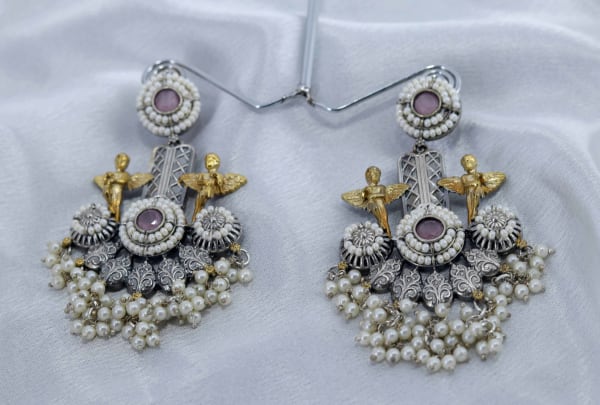 Royal Oxidised Angel Motif Pearl Dangler Earrings for Women | Antique Silver-Gold Fusion Long Earrings | Handcrafted Ethnic Statement Jewellery