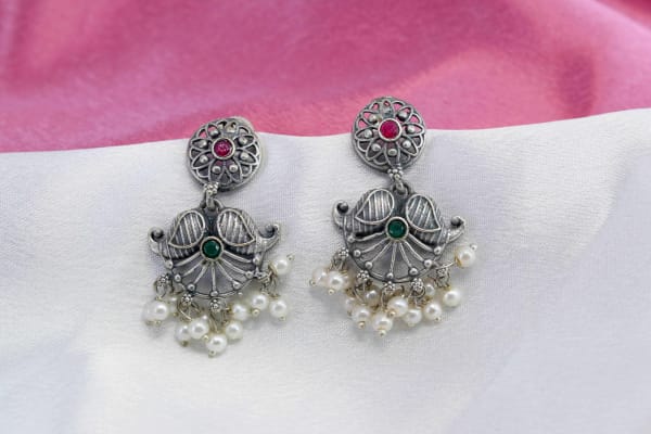 Traditional Oxidised Silver Lotus Dangler Earrings with Pearl Clusters | Antique Floral Design Earrings for Women | Ethnic Festive & Wedding Jewellery