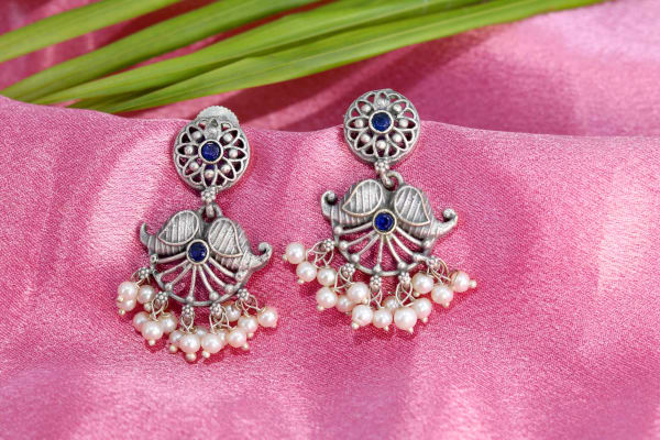 Oxidised Silver Blue Stone Dangler Earrings with Pearl Drops | Antique Ethnic Earrings for Women | Traditional Festive Jewellery