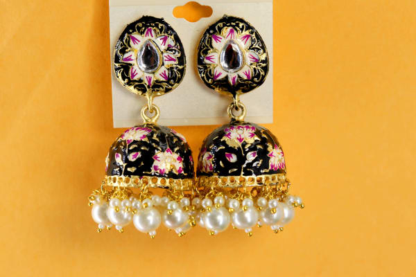 Premium Black & Gold Hand-Painted Enamel Jhumka Earrings | Pearl Drop Traditional Indian Jewelry for Women & Girls