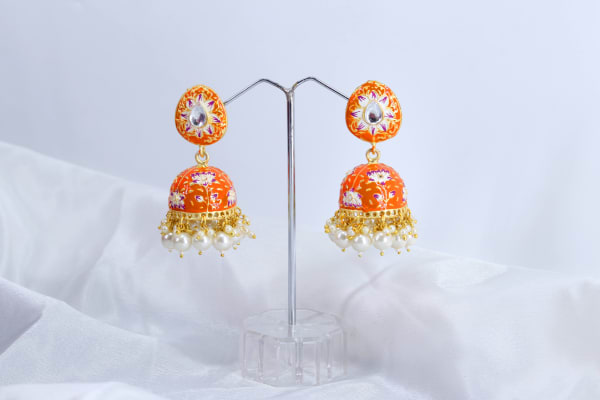 Hand-Painted Enamel Orange Jhumka Earrings with Pearl Drops | Traditional Meenakari Dome Earrings for Women | Festive Wedding Ethnic Jewellery