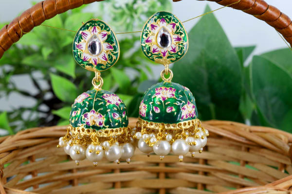 Hand-Painted Green Meenakari Jhumka Earrings with Pearl Drops | Traditional Floral Enamel Jewellery for Women | Ethnic Festive & Wedding Wear Jhumka