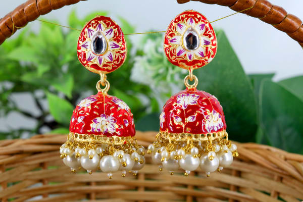 Red Meenakari Handcrafted Jhumka Earrings with Pearls | Traditional Enamel Floral Jhumki for Festive & Wedding Wear | Ethnic Jewellery for Women