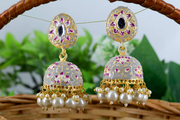 Hand-Painted Meenakari Green Jhumka Earrings with Pearl Drops | Traditional Enamel Floral Jhumkas for Women | Festive & Wedding Ethnic Jewellery