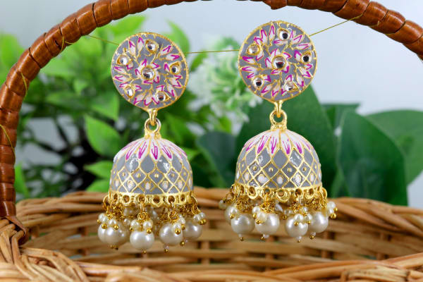 Traditional Meenakari Green Jhumka Earrings with Pearl Clusters | Hand-Painted Floral Enamel Earrings for Women | Ethnic Wedding & Festive Jewellery