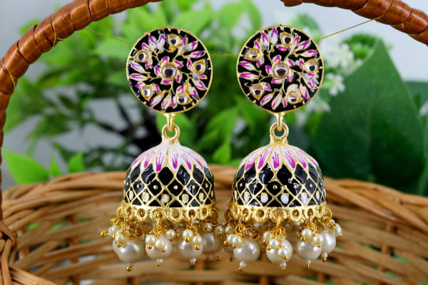 Hand-Painted Black Meenakari Jhumka Earrings with Pearl Droplets | Premium Gold Plated Festive Ethnic Earrings for Women | Traditional Enamel Jewellery