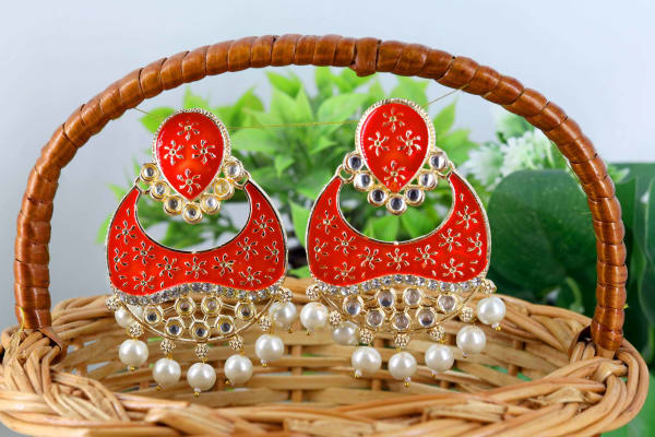 Vibrant Orange Meenakari Jhumka Earrings with Pearl Clusters | Hand-Painted Floral Jhumkis for Women | Ethnic Wedding & Festive Jewellery