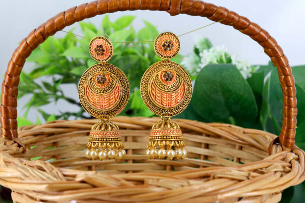 Peach-Gold Antique Oxidised Round Dangler Earrings with Mini Pearl Jhumka Drops | Traditional Ethnic Designer Earrings for Women & Girls