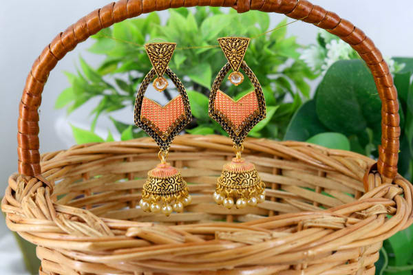 Antique Gold-Toned Geometric Dangler Earrings with Peach Meenakari & Pearl Drops | Designer Ethnic Festive Earrings for Women