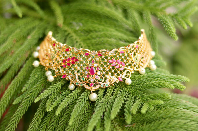 Gold-Plated Ruby & Emerald AD Choker Set with Pearls – Bridal Temple Design