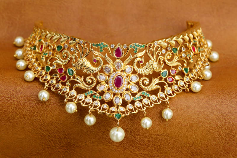 Gold-Plated Ruby Emerald AD Bridal Choker Set with Pearl Drops & Jhumkas