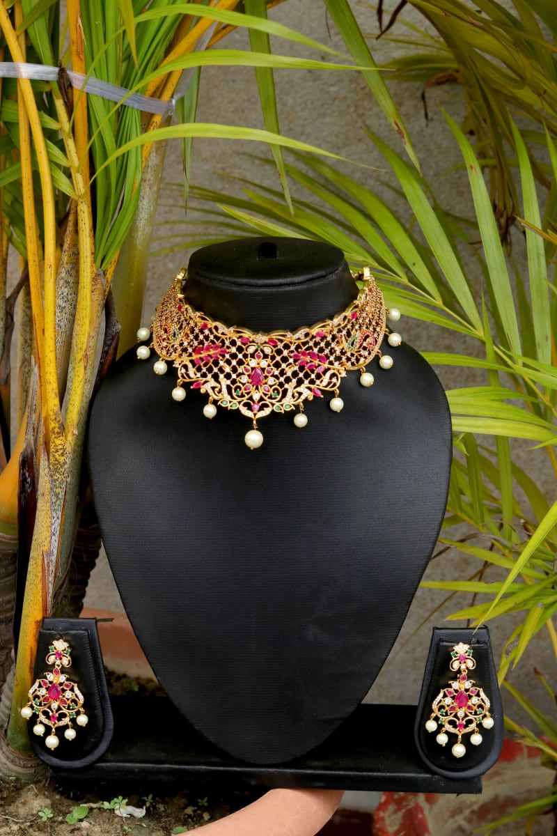 Gold-Plated Ruby Emerald AD Bridal Choker Necklace Set with Pearl Drops
