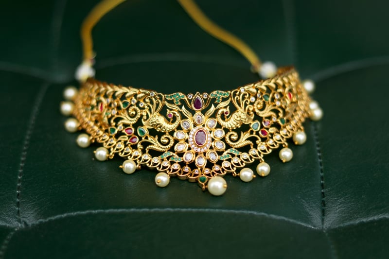 Gold-Plated Ruby AD Bridal Choker Necklace Set with Pearls & Jhumka Earrings