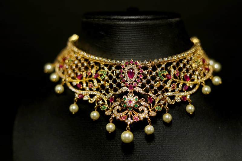 Gold-Plated Ruby Emerald Pearl Choker Necklace Set with AD Stones & Earrings