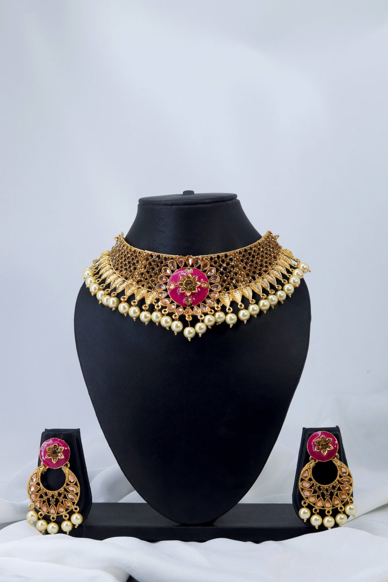 Gold-Plated Choker Necklace Set with Pink Centre Motif, Kundan & Pearl Drops