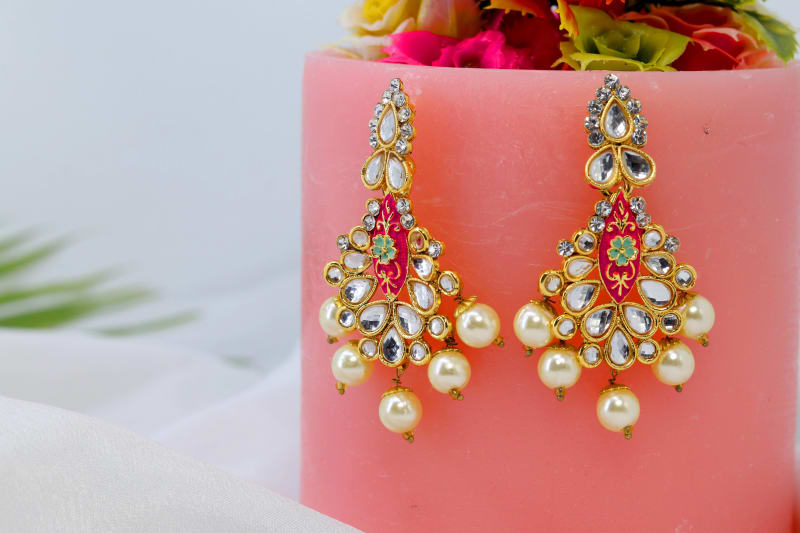 Gold-Plated Meenakari Choker Necklace Set with Kundan Stones & Pearl Drops