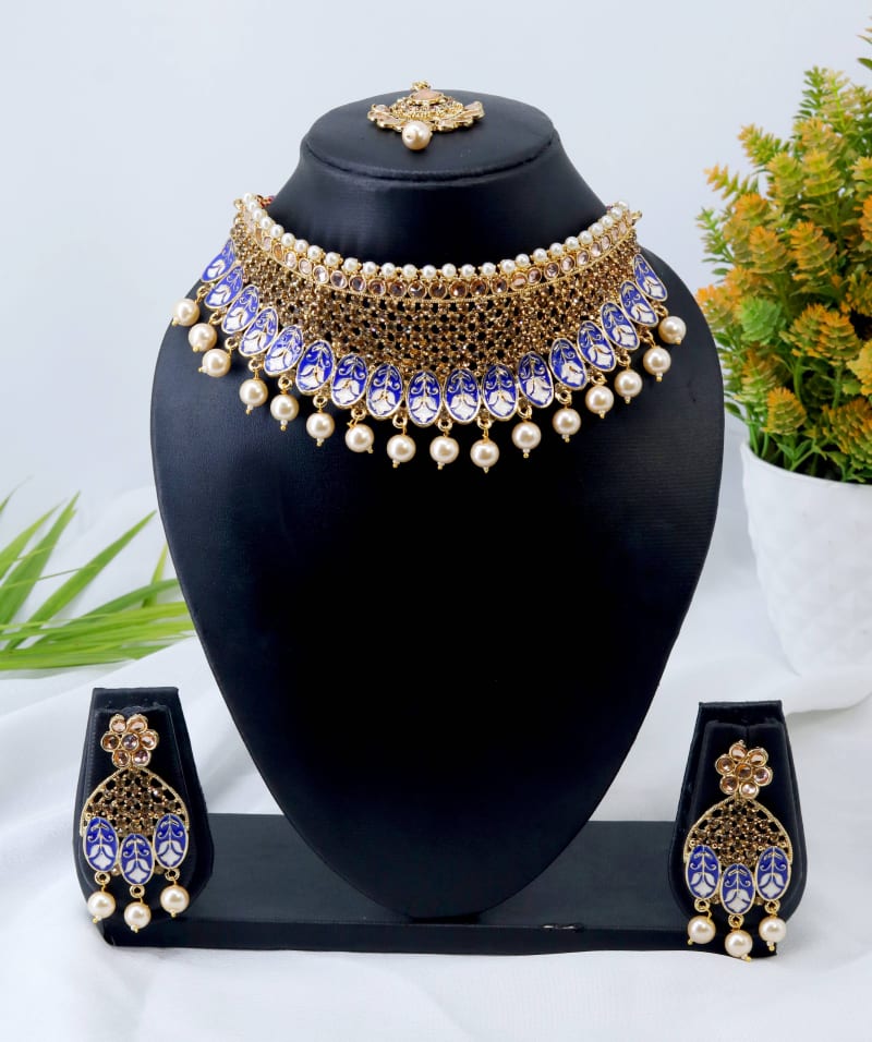 Gold-Plated Blue Meenakari Choker Necklace Set with Pearls & Kundan Stones