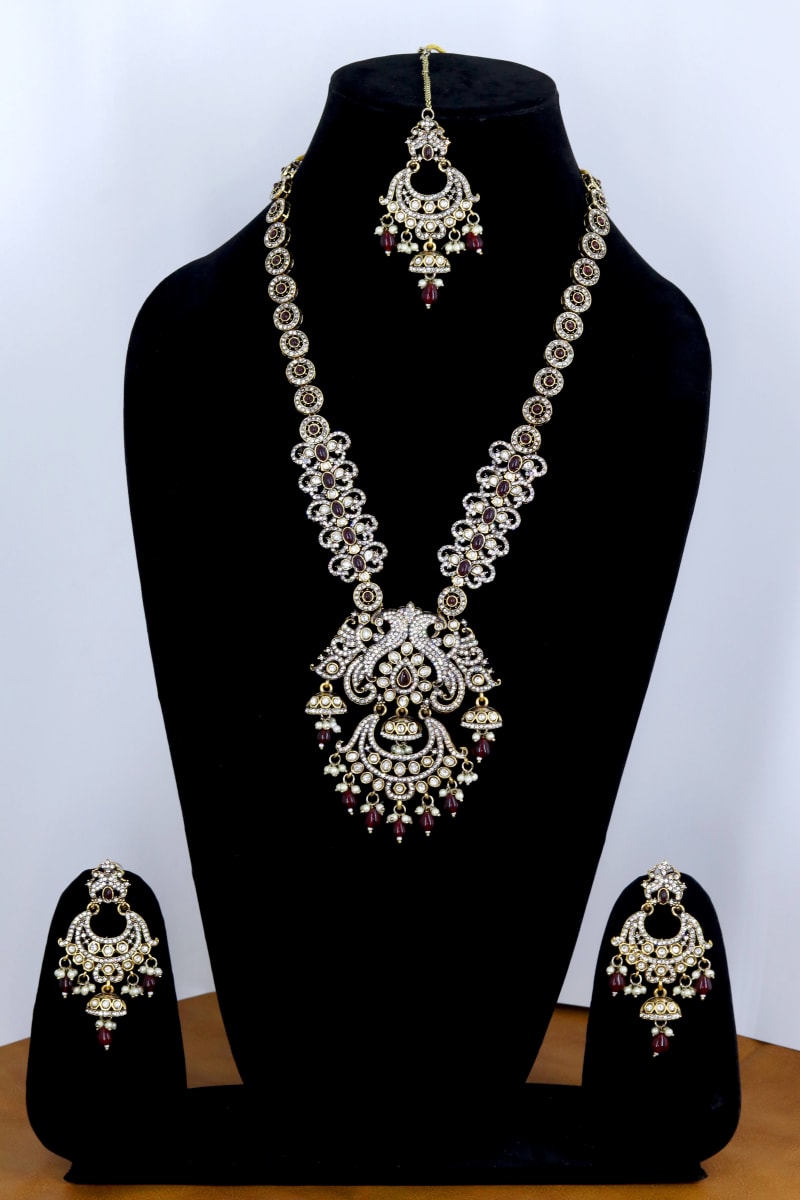 Bridal Kundan Long Necklace Set with Maroon Beads, Earrings & Maangtika
