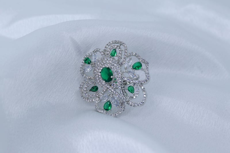 CZ Stone Floral Cocktail Ring with Open-Work Design & Adjustable Fit (Green Variant)