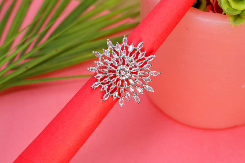 Sparkling CZ Sunburst Statement Ring with Silver Finish & Adjustable Band (Silver Variant)