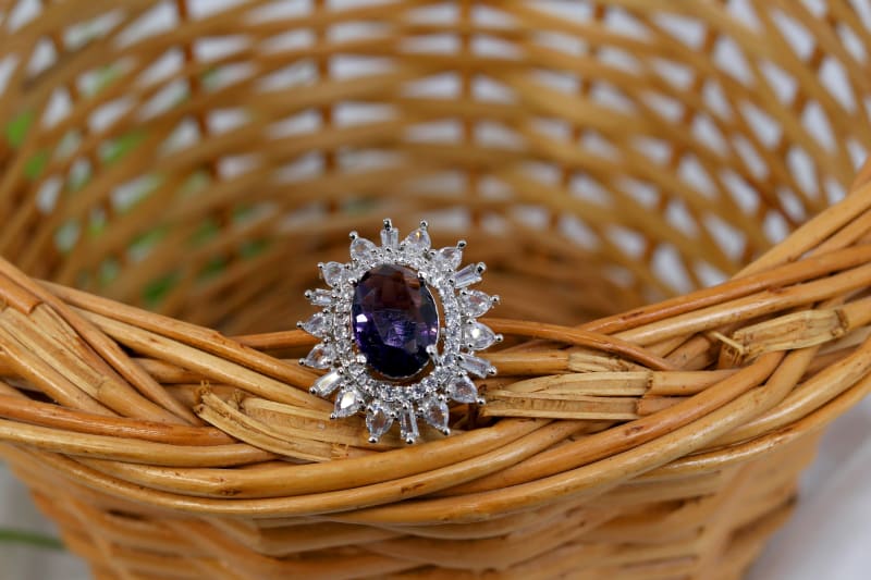Oval Purple Stone Cocktail Ring with CZ Halo Design & Silver-Plated Finish