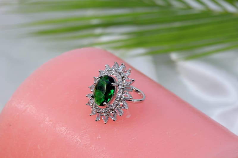 Emerald Green Oval Statement Ring with CZ Sunburst Halo & Silver Shine Finish