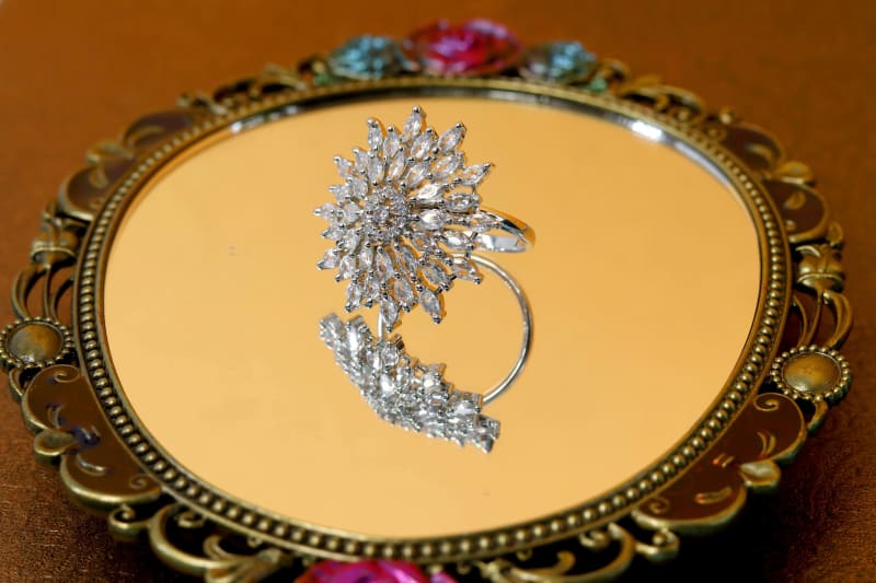 Silver Plated Cluster Floral Ring with Marquise CZ Stones – Party Statement