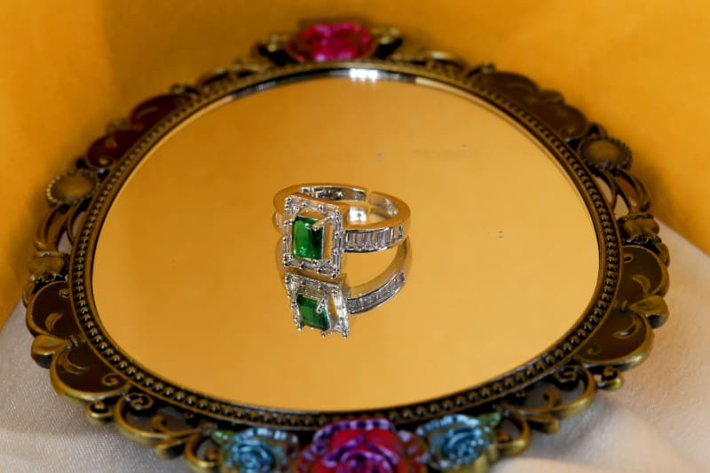 Emerald-Cut Green Stone Silver Ring with Baguette CZ Detailing Band