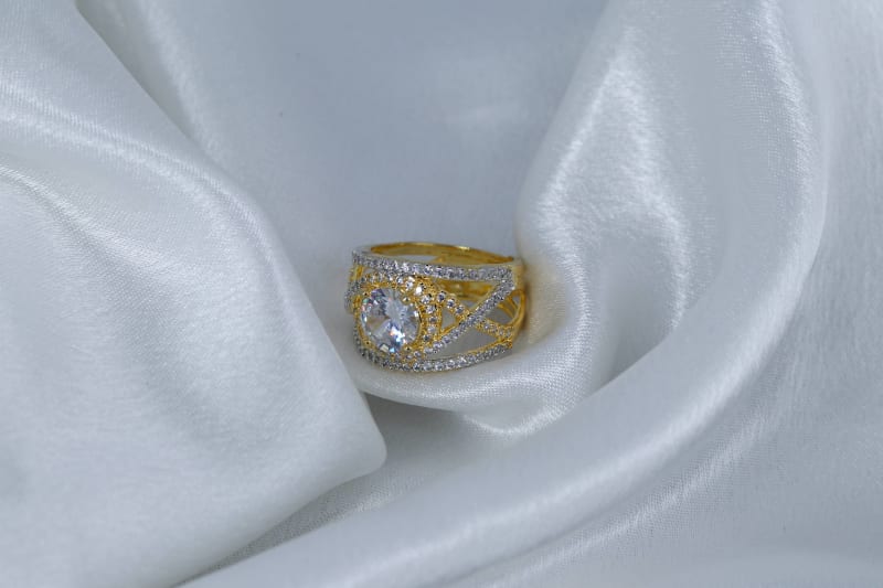 Gold-Plated Round CZ Statement Ring with Dual-Tone Design for Women