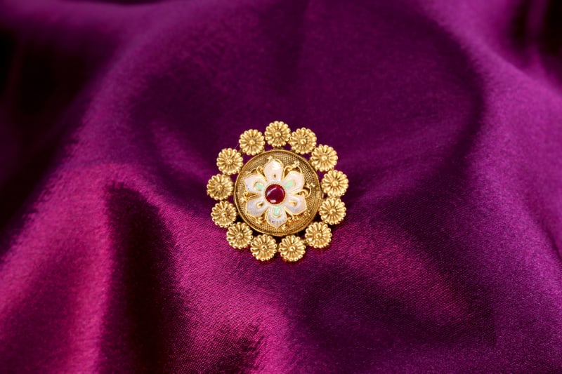 Golden Floral Statement Ring for Women | Pearl Enamel Work with Red Center Stone