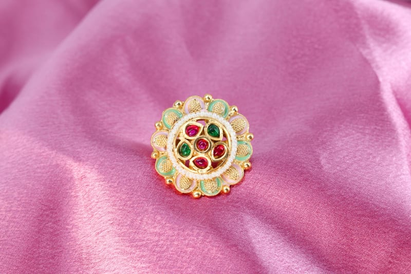 Multicolour Kundan Adjustable Ring for Women | Traditional Festive Wear Ring