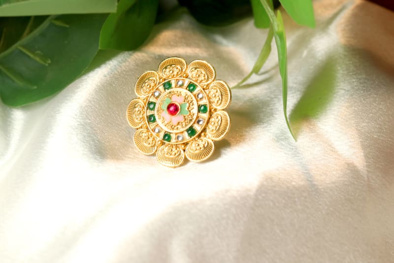 Gold-Plated Floral Adjustable Ring for Women | Pink & Green Kundan Style Statement Ring