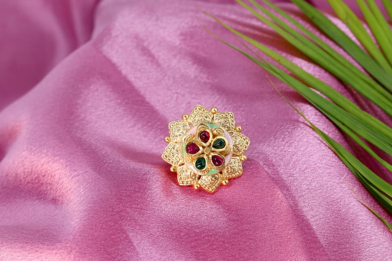 Gold Plated Floral Adjustable Ring for Women | Multicolor Stone Statement Ring