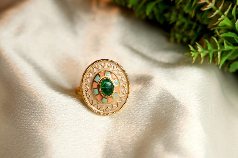 Green Stone Antique Ring for Women | Festive Wear Adjustable Finger Ring