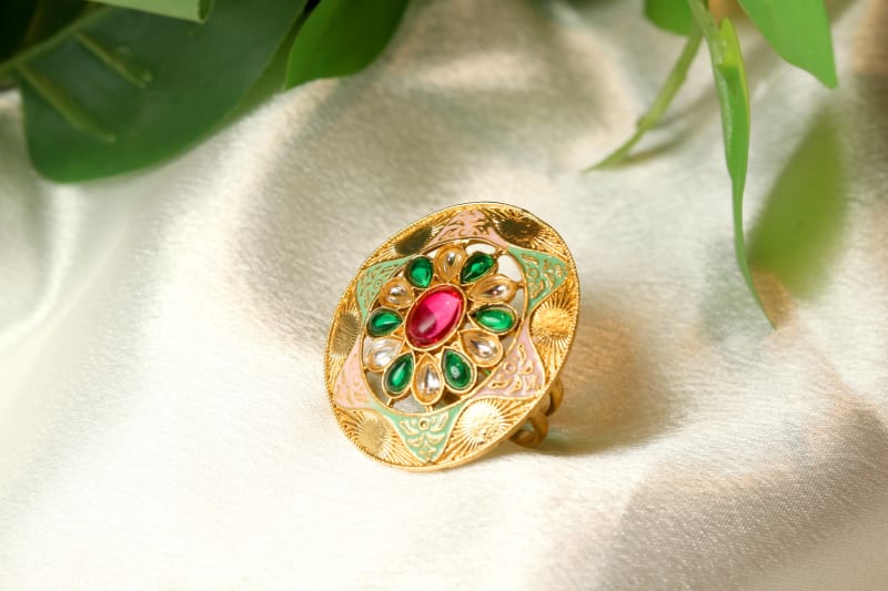 Gold Plated Multicolor Statement Ring for Women | Royal Ethnic Party Wear Finger Ring