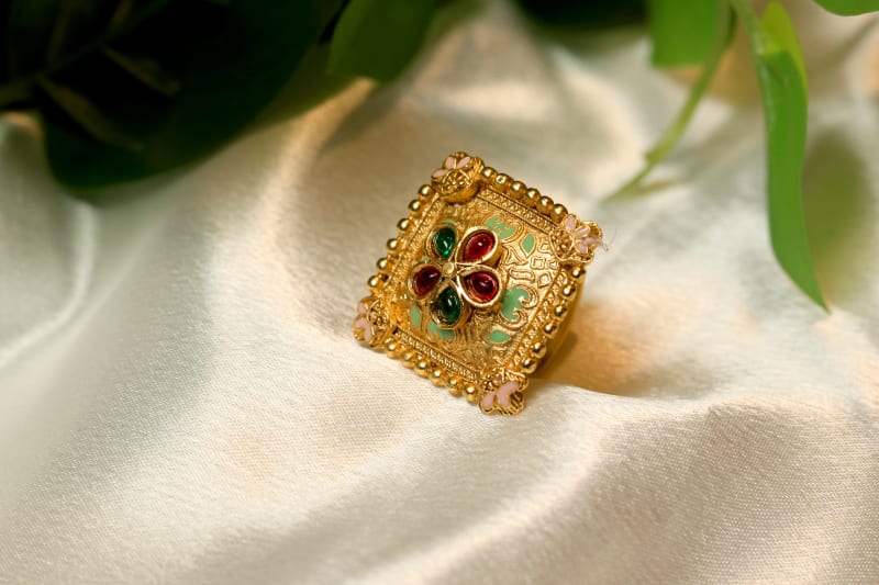 Square Antique Adjustable Ring for Women | Traditional Gold-Tone Statement Ring