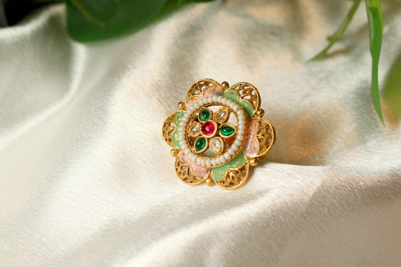 Gold Plated Floral Kundan Adjustable Ring | Traditional Party Wear Finger Ring for Women