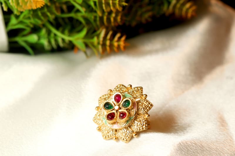 Gold Plated Multicolor Stone Adjustable Ring | Traditional Ethnic Statement Ring for Women