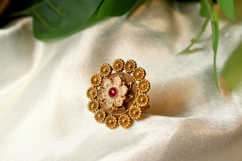 Golden Floral Adjustable Ring for Women | Traditional Kundan Inspired Statement Jewelry