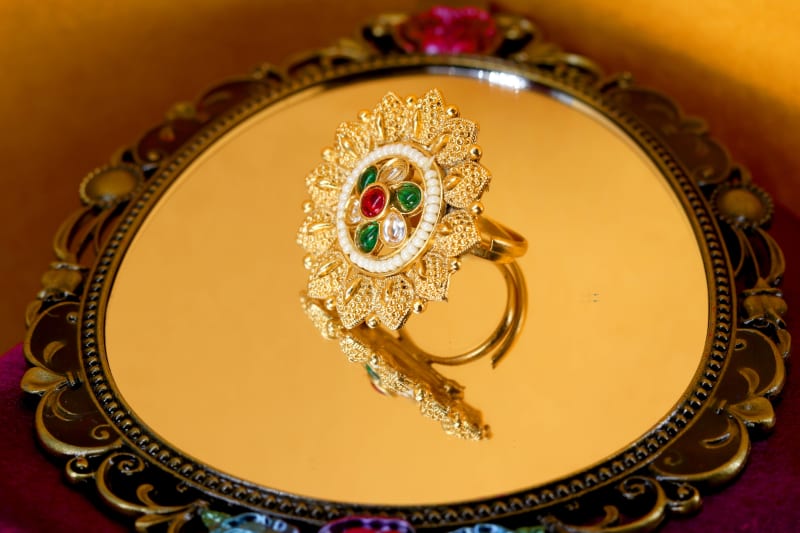 Golden Floral Adjustable Ring for Women | Mirror Reflection Photoshoot Design | Ethnic Party Wear Jewelry