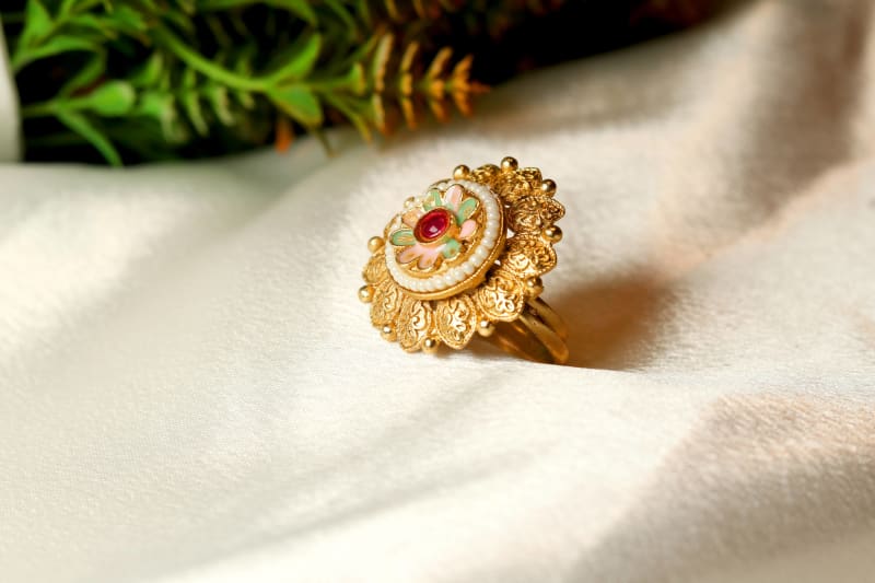 Golden Floral Adjustable Ring for Women | Traditional Party Wear Statement Ring