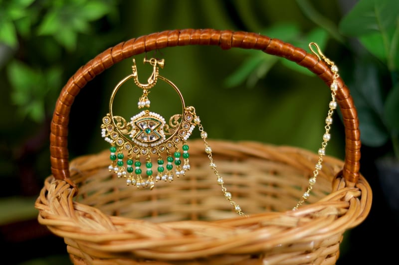 Traditional Gold-Plated Bridal Nath with Green Beads & Pearl Chain – Ethnic Indian Nose Ring for Weddings