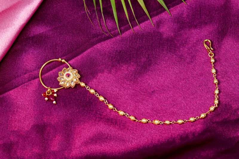 Gold Plated Floral Nath for Women | Elegant Pearl Chain Bridal Nose Ring